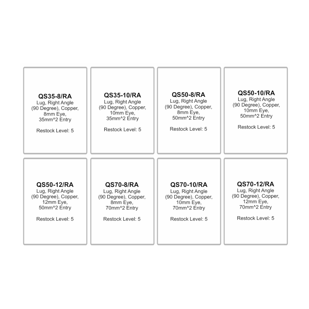 Lug Assortment Kit, RPT, Right Angle Entry, 35 to 70mm Cable Entry (8/10/12mm Eye) - 40 Piece