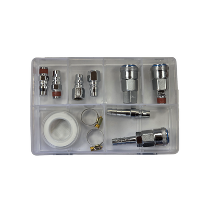 Airline Fittings Assortment, RPT, Nitto Style, M/F Nipples & Couplers, Hose Barbs, with Tape/Clamps - 11 Piece