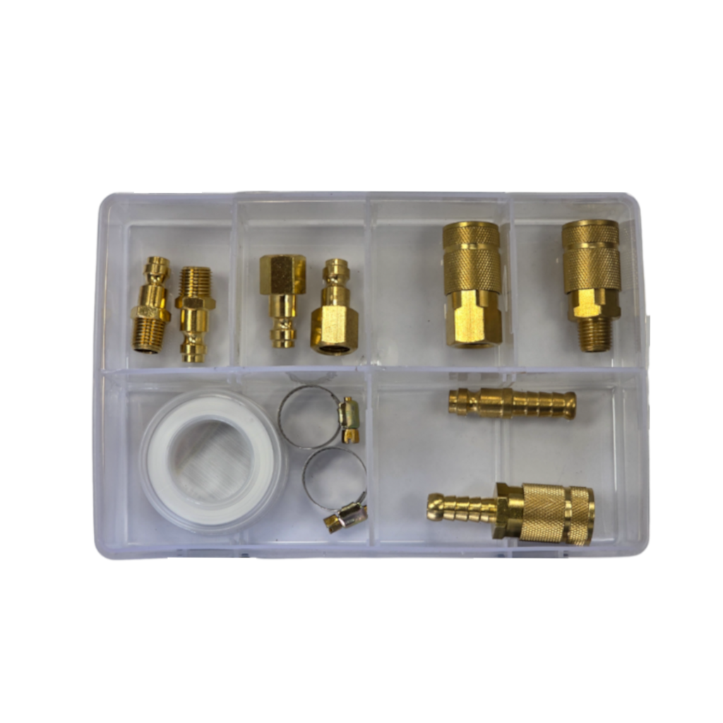 Airline Fittings Assortment, RPT, Ryco Style, M/F Nipples & Couplers, Hose Barbs, with Tape/Clamps - 11 Piece