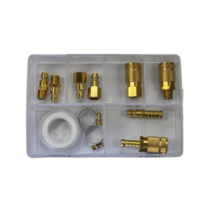 Airline Fittings Assortment, RPT, Ryco Style, M/F Nipples & Couplers, Hose Barbs, with Tape/Clamps - 11 Piece