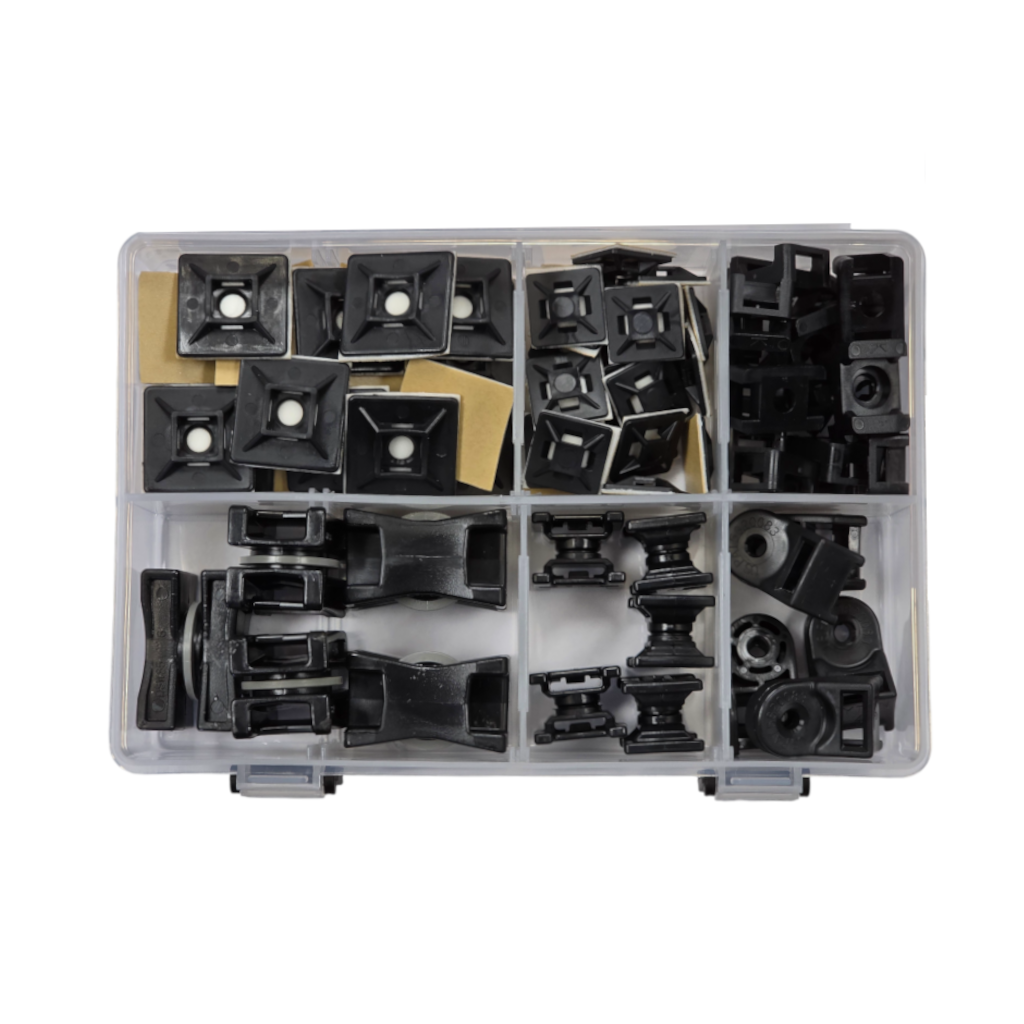Cable Tie Mount Assortment Kit, RPT, Assorted Styles (Screw, Adhesive, and Swivel), Black - 85 Piece