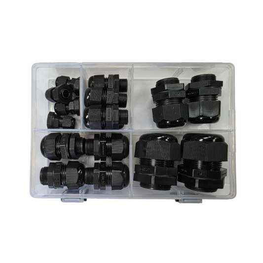 Cable Gland Assortment Kit, Black, M12 to M32, 4-6 to 15-24mm (Cable OD) - 16 Piece