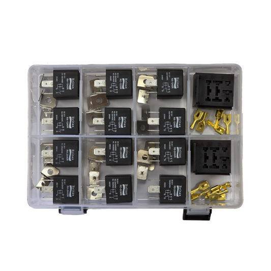Relay Assortment Kit, RPT, 4 Pin, Change Over, Double Contact with Bases, 12v Only - 14 Piece