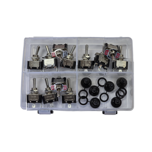 Switch Assortment Kit, RPT, Metal Toggle Switches, 3 Types with Waterproof Boot Seals to Suit - 18 Piece