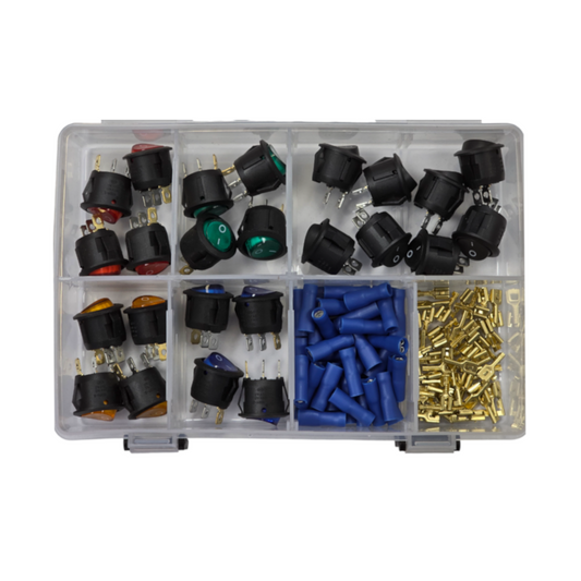 Switch Assortment Kit, RPT, Round Rocker Switches, 5 Switch Types with Terminals - 124 Piece