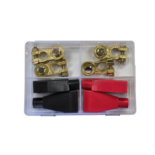 Battery Terminal Assortment Kit, RPT, Heavy Duty Bolt Style, Negative/Positive with Red/Black Insulators - 8 Piece