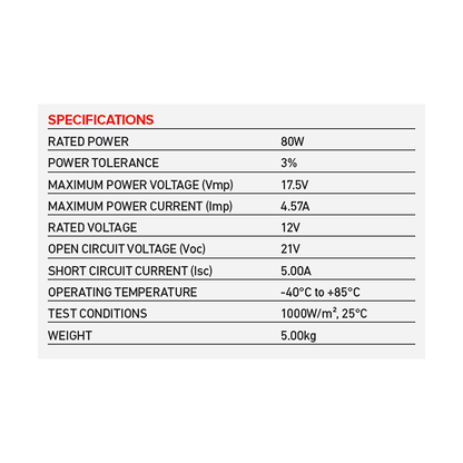 Solar Panel, Projecta, Fixed, Monocrystalline, 12v, 80w - Each