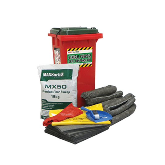 Spill Kit, MAXSORB, General Purpose, with Gloves, Absorbent Granules & Other Supplies, 120lt Bin - Each