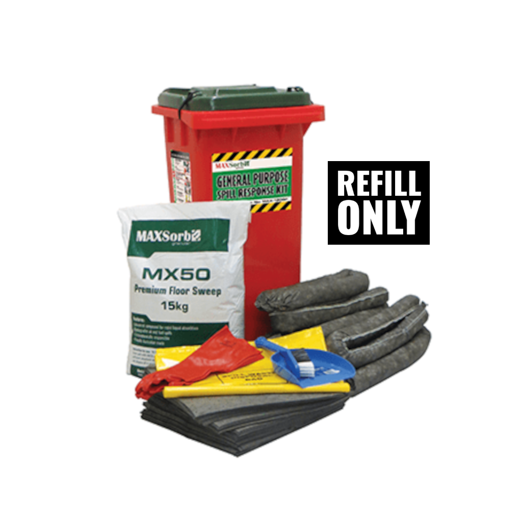 Spill Kit, MAXSORB, General Purpose, with Gloves, Absorbent Granules & Other Supplies, 120lt Refill (No Bin) - Each