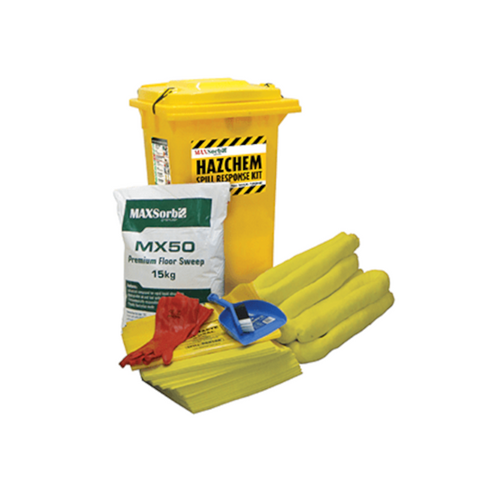 Spill Kit, MAXSORB, Hazardous Chemicals, with Gloves, Absorbent Granules & Other Supplies, 120lt Bin - Each