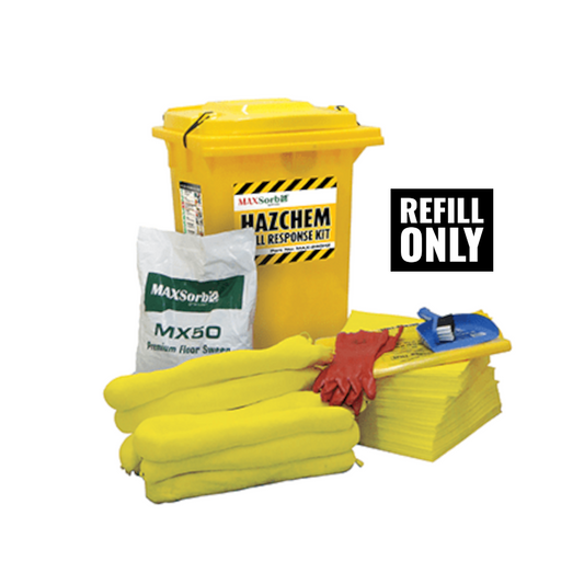 Spill Kit, MAXSORB, Hazardous Chemicals, with Gloves, Absorbent Granules & Other Supplies, 240lt Refill (No Bin) - Each