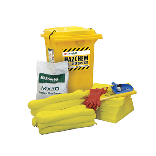 Spill Kit, MAXSORB, Hazardous Chemicals, with Gloves, Absorbent Granules & Other Supplies, 240lt Bin - Each