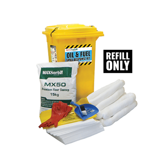 Spill Kit, MAXSORB, Oil & Fuel, with Gloves, Absorbent Granules & Other Supplies, 120lt Refill (No Bin) - Each