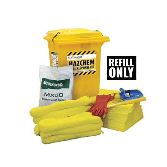 Spill Kit, MAXSORB, Oil & Fuel, with Gloves, Absorbent Granules & Other Supplies, 240lt Refill (No Bin) - Each