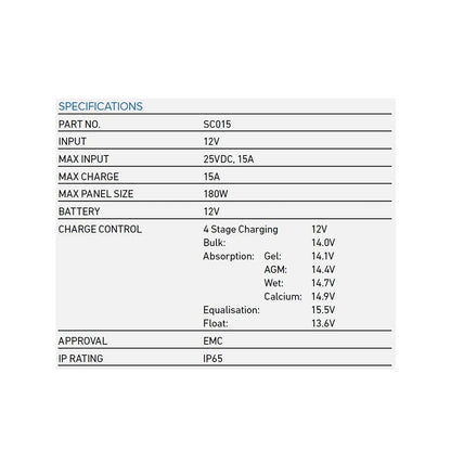 Solar Charge Controller, Projecta, 4 Stage Automatic, 12v, 15a - Each