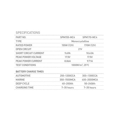 Solar Panel, Projecta, Fixed, Monocrystalline, MC4 Connectors, 12v, 155w - Each